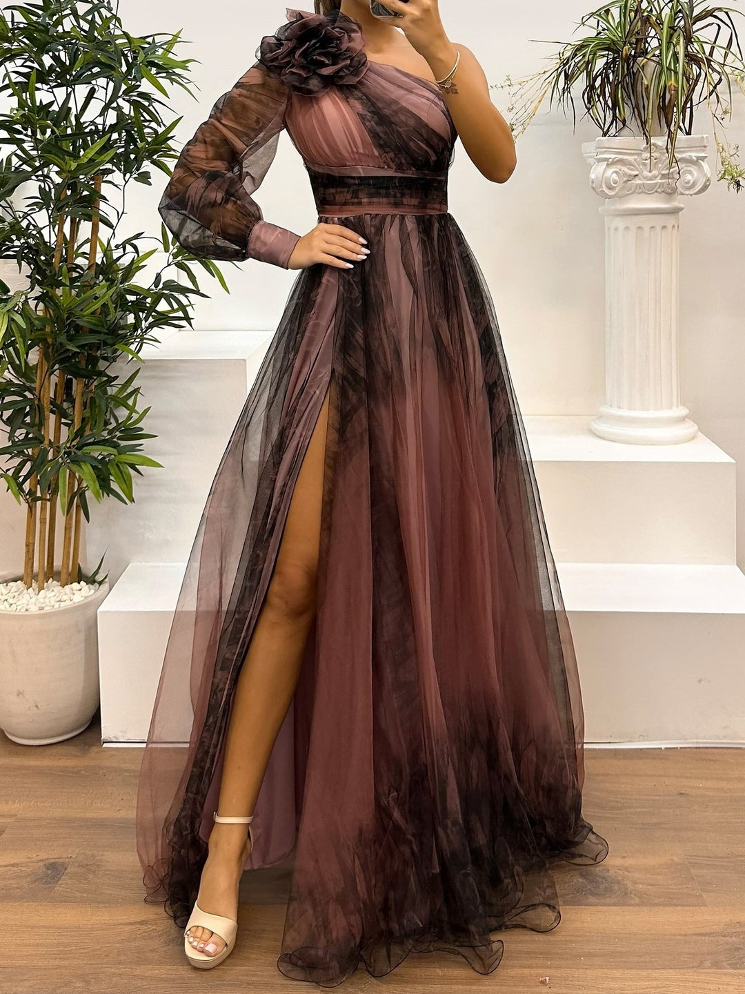 One Shoulder Mesh Abstract Gradient Print Maxi Dress