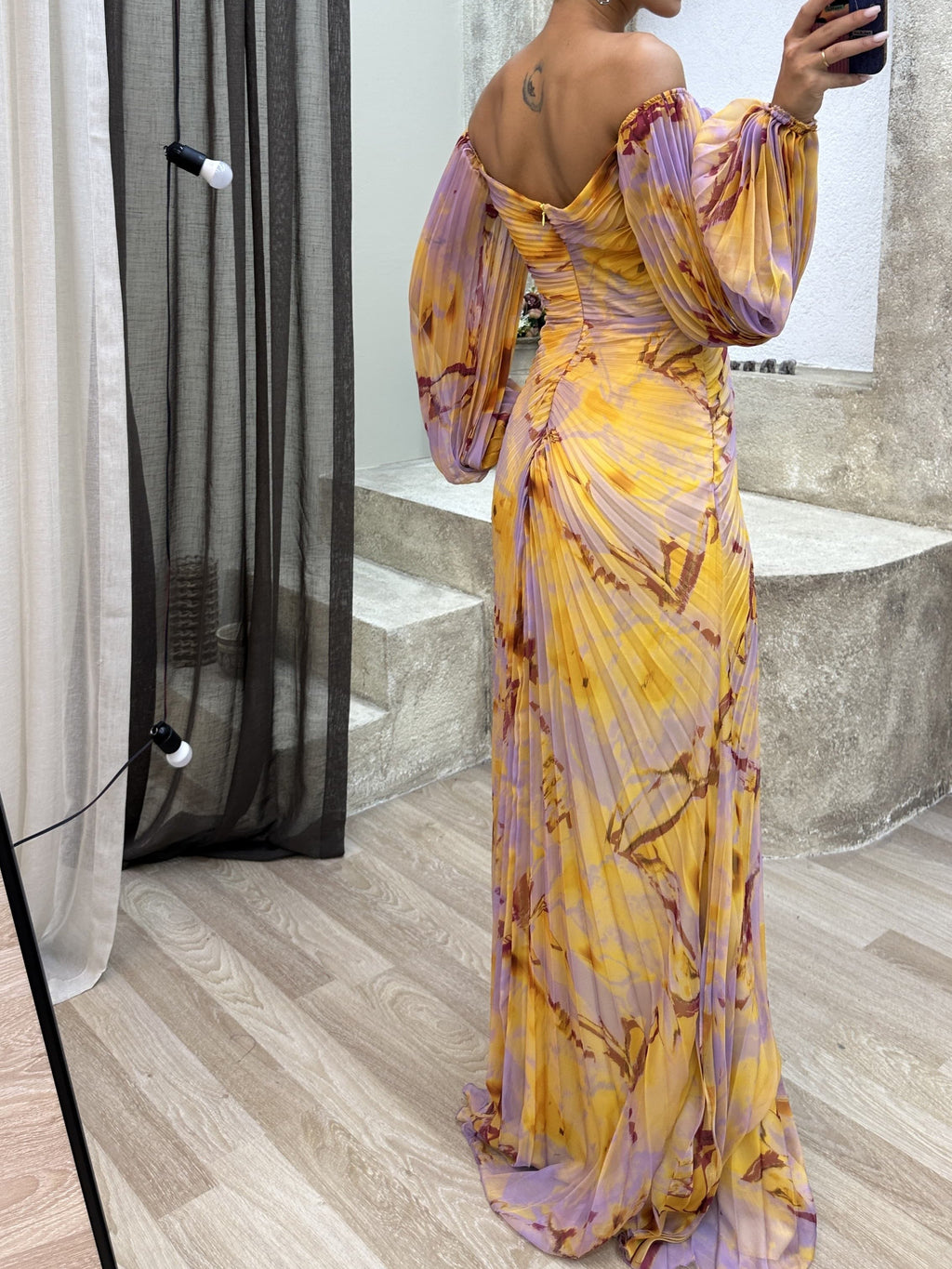 Off-the-shoulder Diamond-embellished Pleated Fitted Slit Maxi Dress