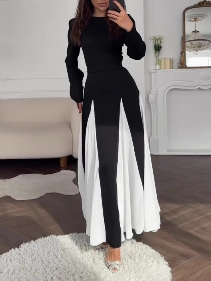 Elegant Black and White Colorblock Round Neck Waist Long Sleeve Dress