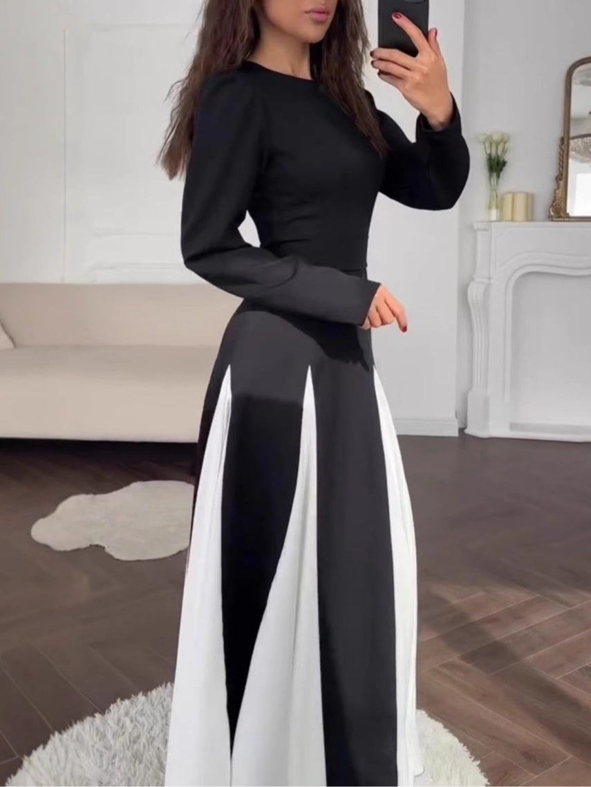 Elegant Black and White Colorblock Round Neck Waist Long Sleeve Dress