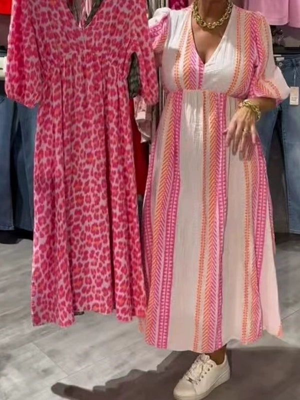 Elegant Pink Striped Floral Print Deep V Dress