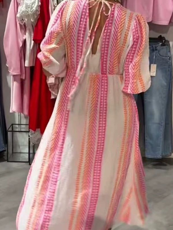 Elegant Pink Striped Floral Print Deep V Dress