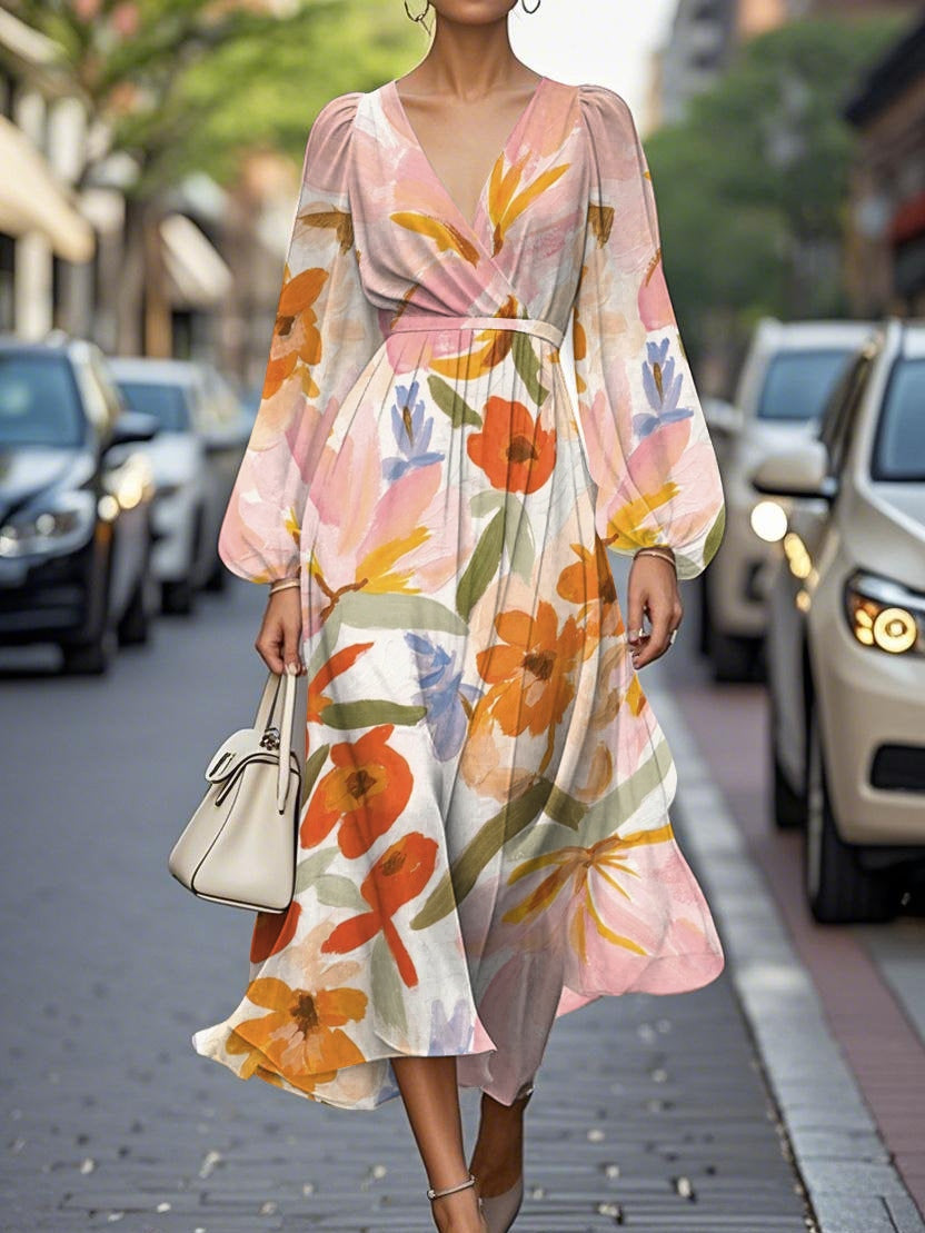 Elegant Floral V-neck Chiffon Pleated Midi Dress