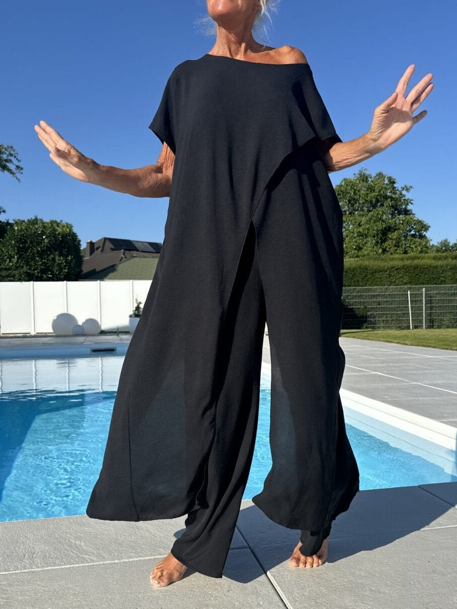 Breathable Wide-leg Pants and Tapered Long Short-sleeved Top Set