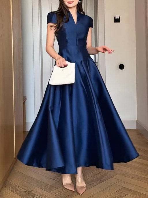 Elegant Dark Blue V-neck Long Dress