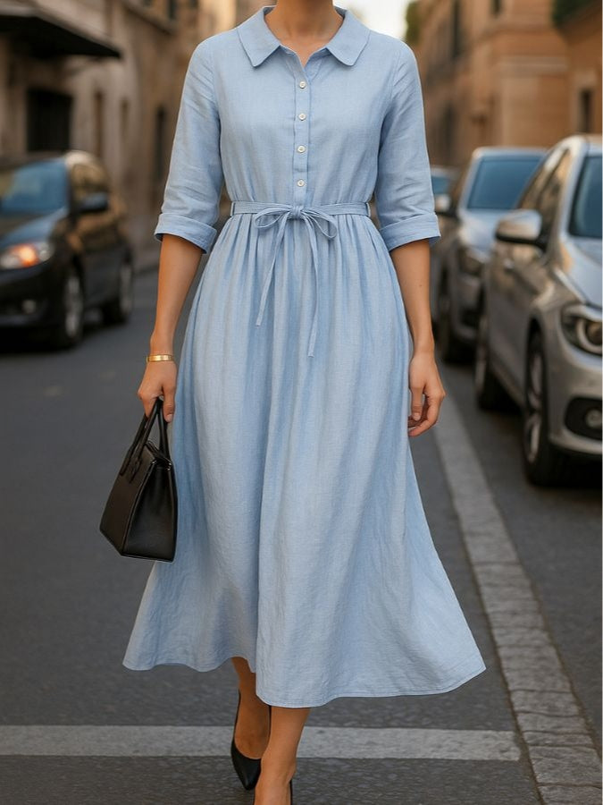 Blue Casual Lapel Tie Midi Dress