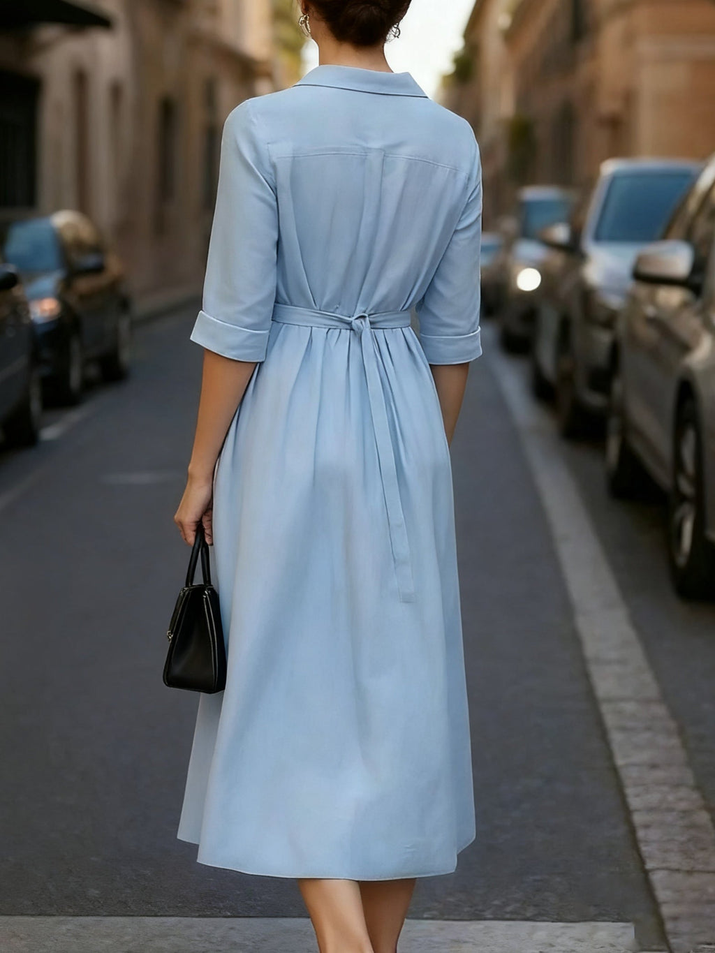 Blue Casual Lapel Tie Midi Dress