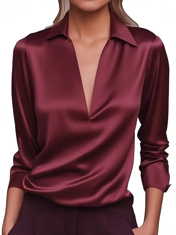 Solid Color Satin V-neck Long-sleeved Casual Shirt