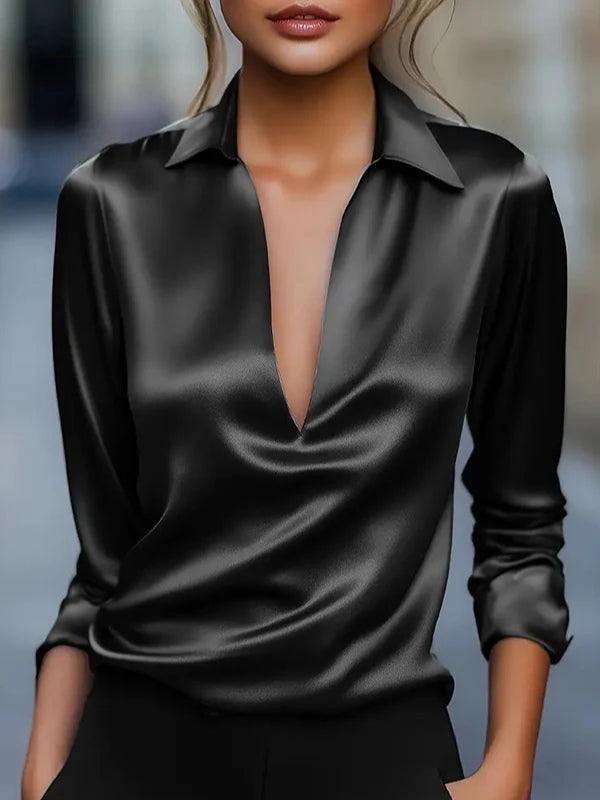 Solid Color Satin V-neck Long-sleeved Casual Shirt