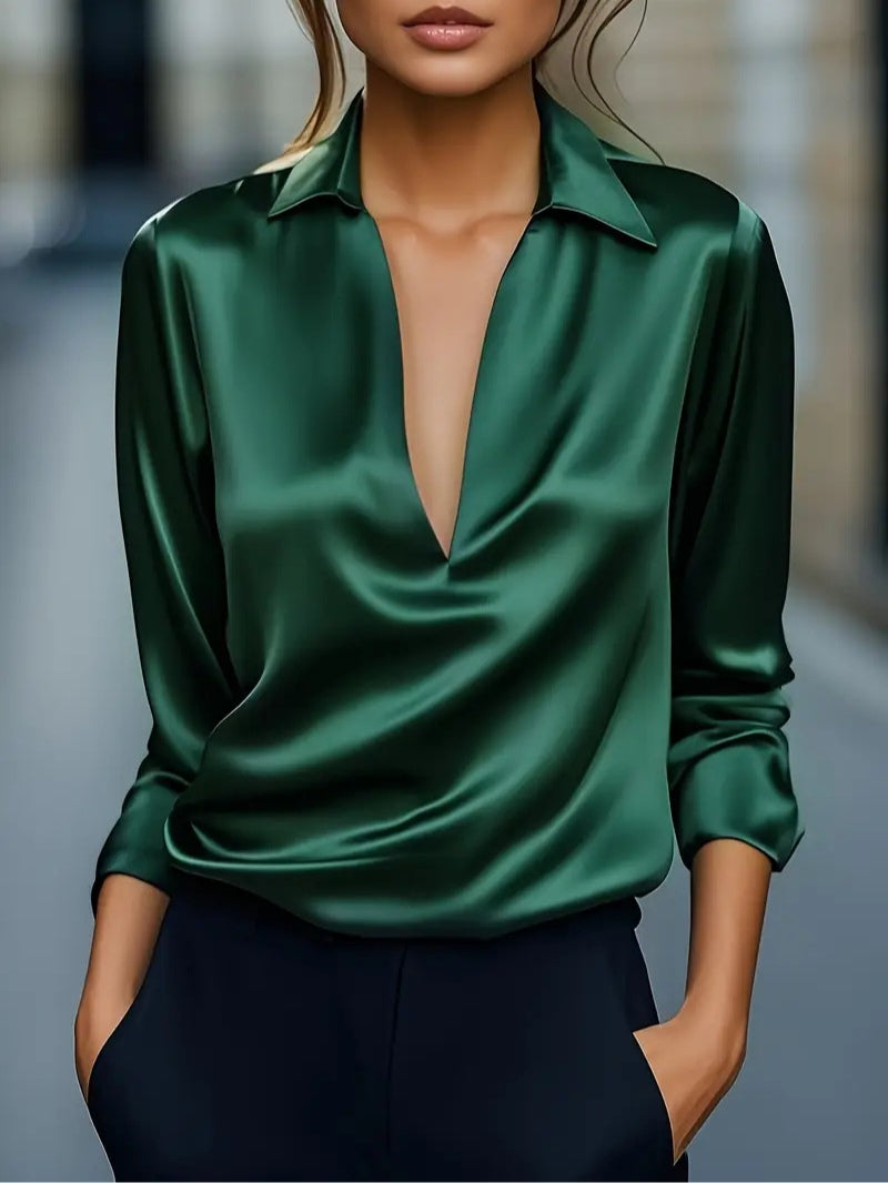 Solid Color Satin V-neck Long-sleeved Casual Shirt