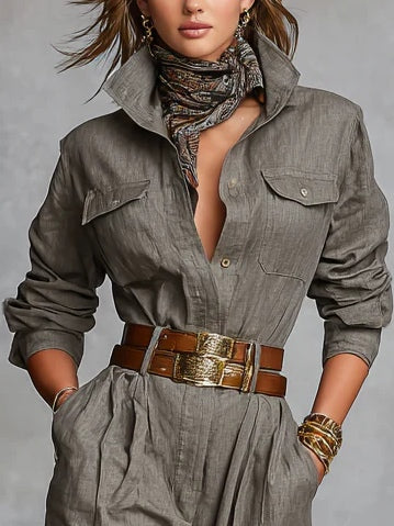 Cotton And Linen Blended Long Sleeve Shirt Jumpsuit