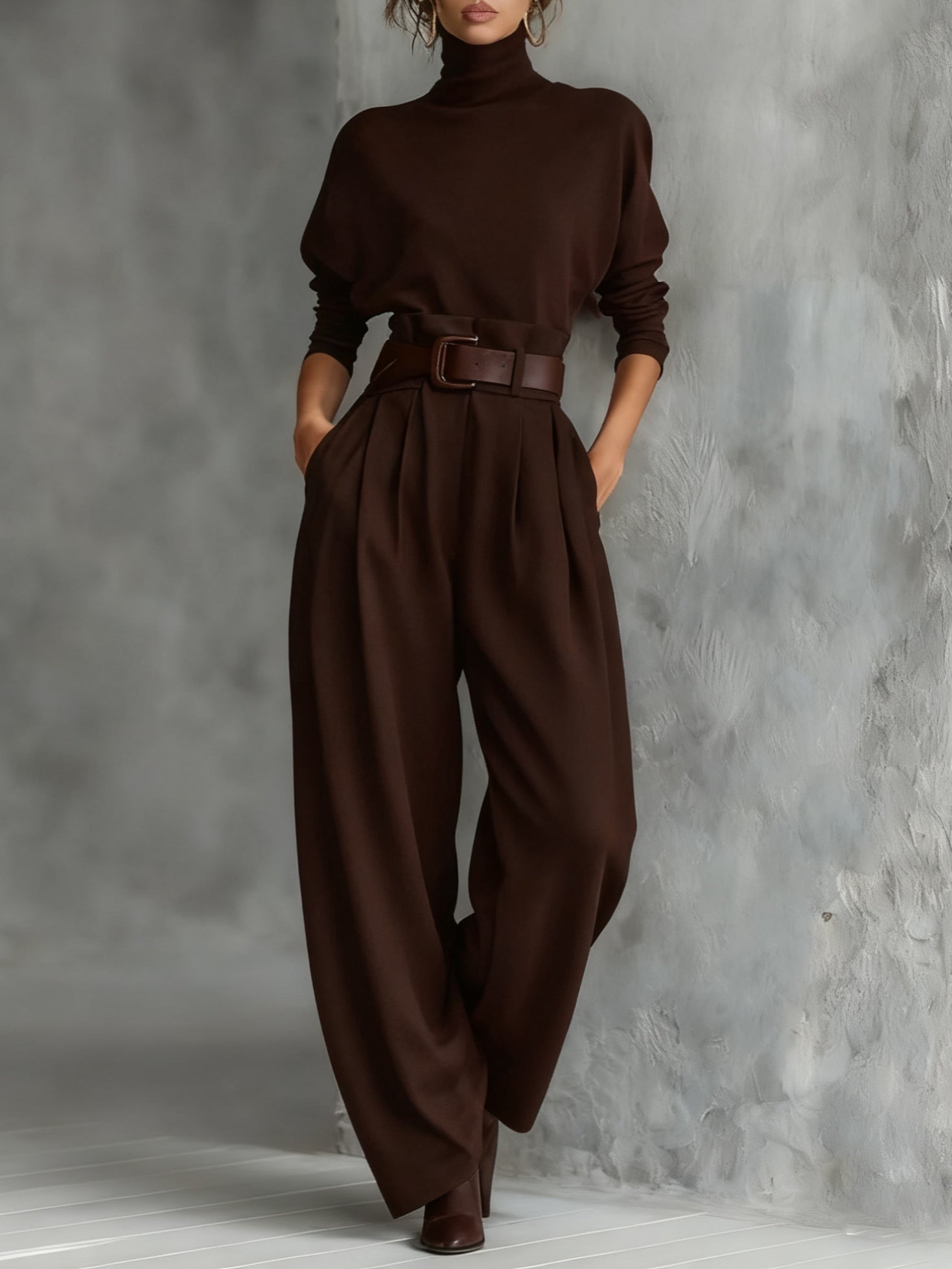 All-black Turtleneck Long-sleeved T-shirt And Straight-leg Pants Two-piece Set (including Belt)