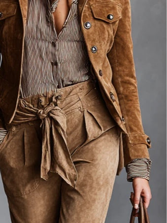 Brown Suede Single-Breasted Lapel Cropped Jacket