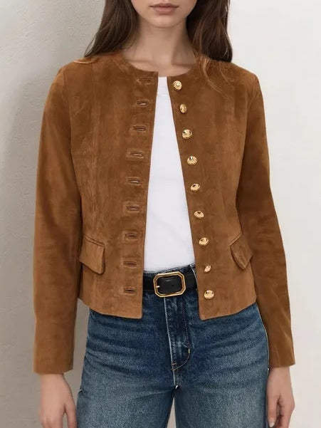 Brown Suede Single-breasted Cropped Jacket