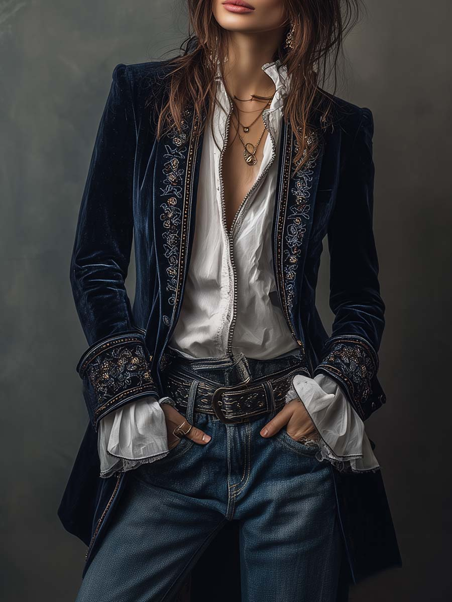 Vintage Navy Polyester Velvet Embroidered Long Jacket