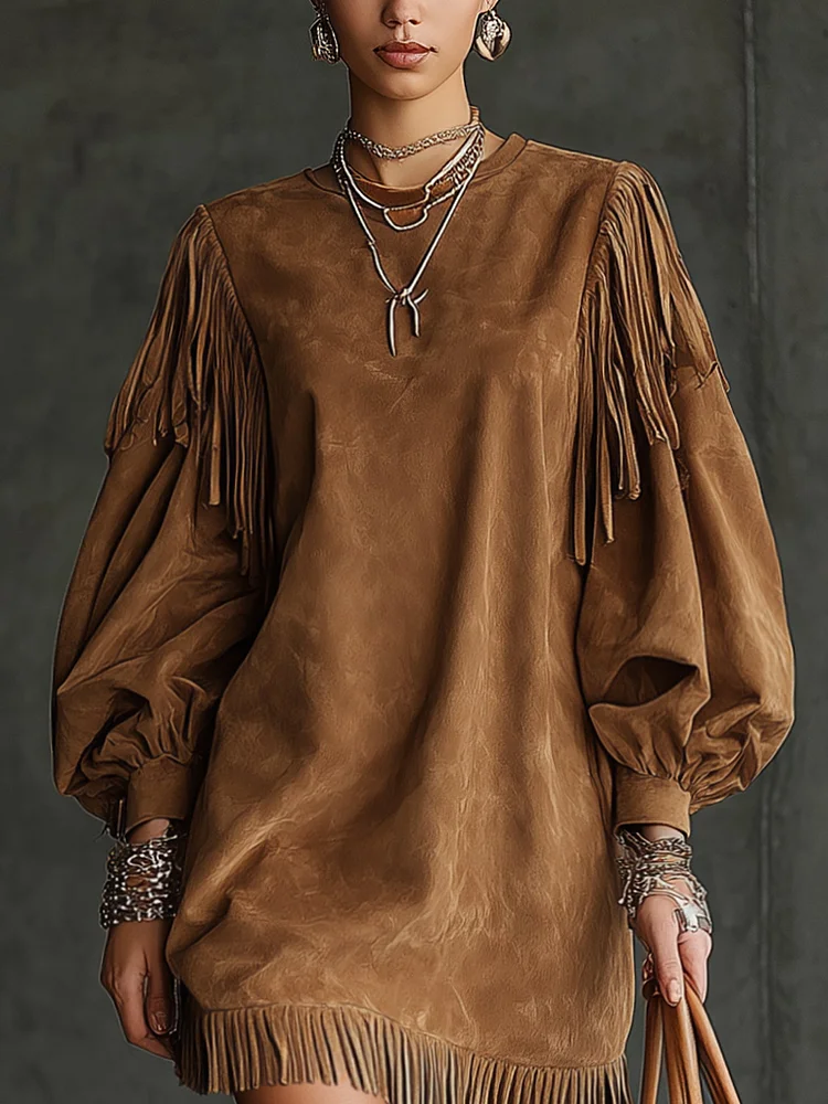 Vintage Brown Suede Fringed Puff Sleeve Mini Dress