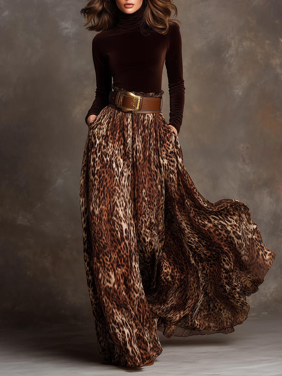 Elegant Velvet Turtleneck Top and Leopard Print Skirt Set