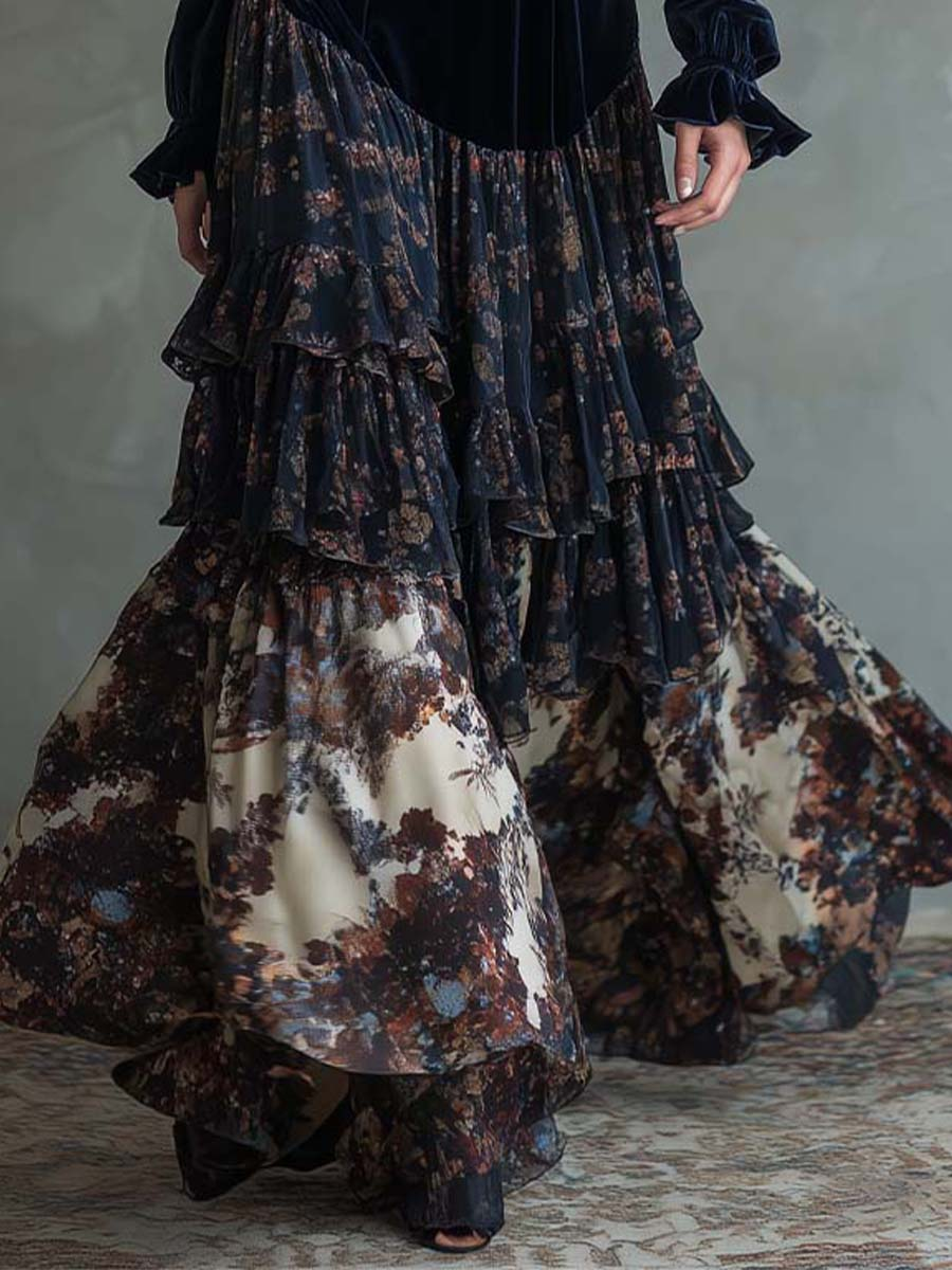 Navy Zippered Velvet and Chiffon Floral Print Maxi Dress