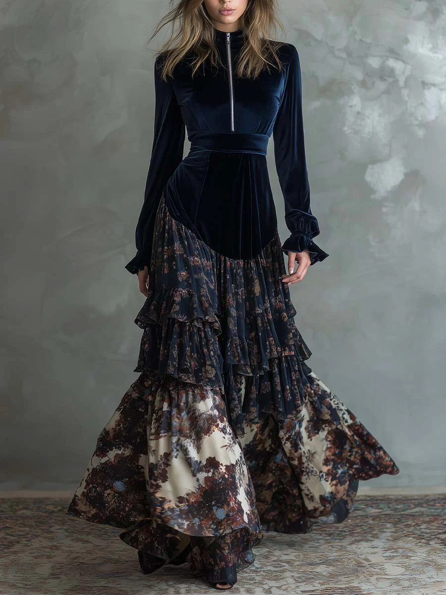 Navy Zippered Velvet and Chiffon Floral Print Maxi Dress