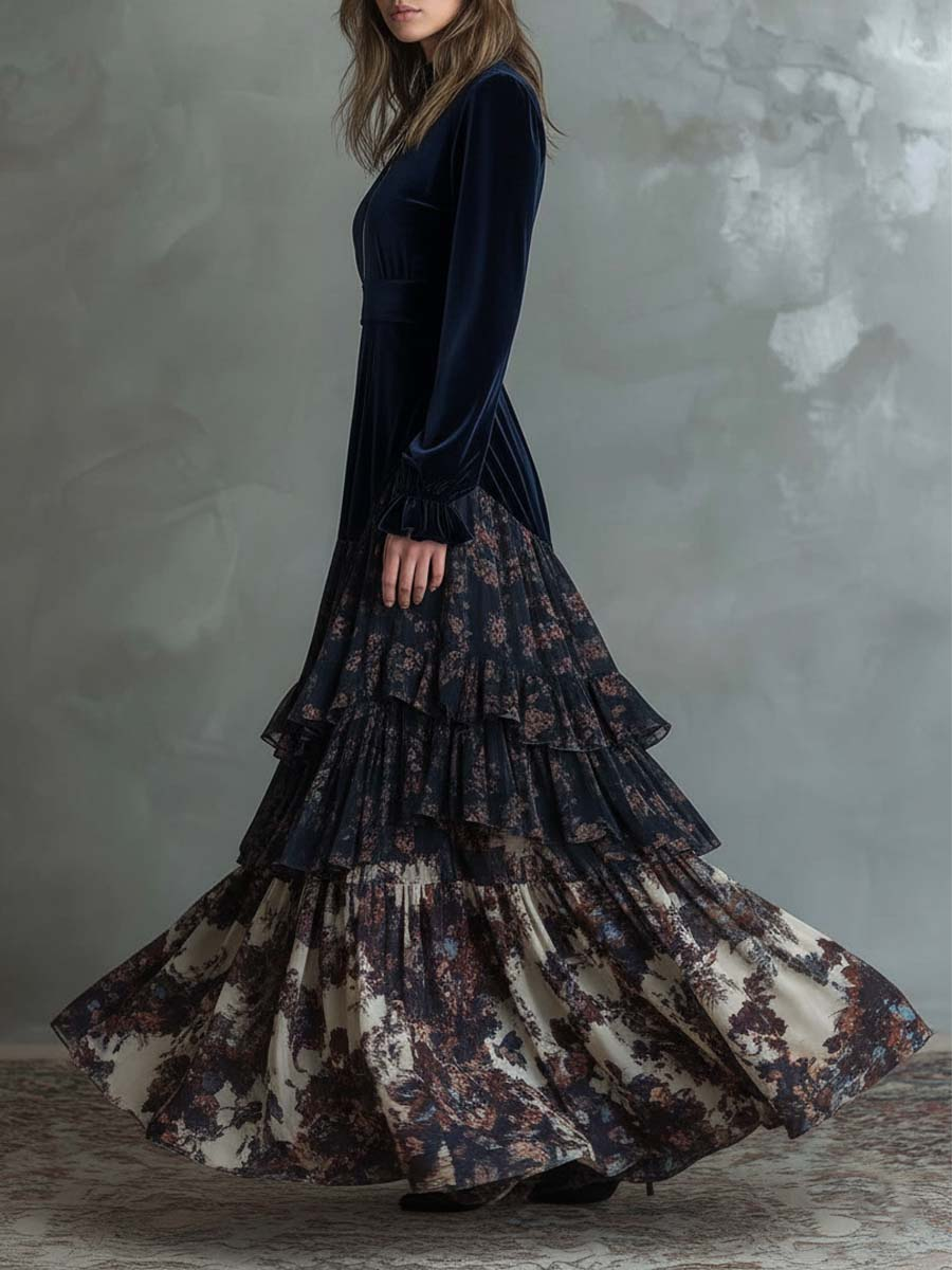 Navy Zippered Velvet and Chiffon Floral Print Maxi Dress