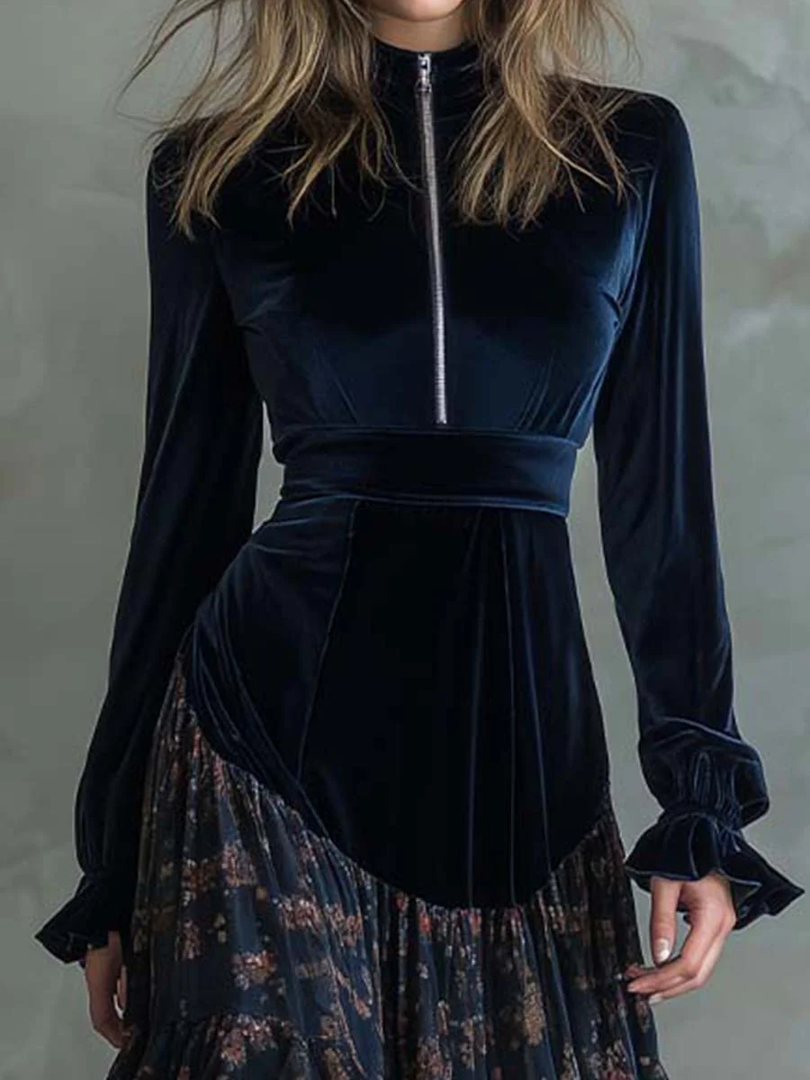 Navy Zippered Velvet and Chiffon Floral Print Maxi Dress