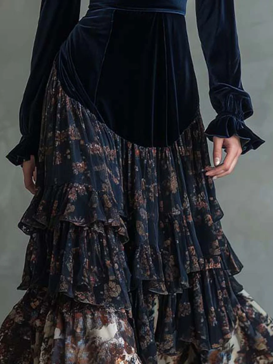 Navy Zippered Velvet and Chiffon Floral Print Maxi Dress
