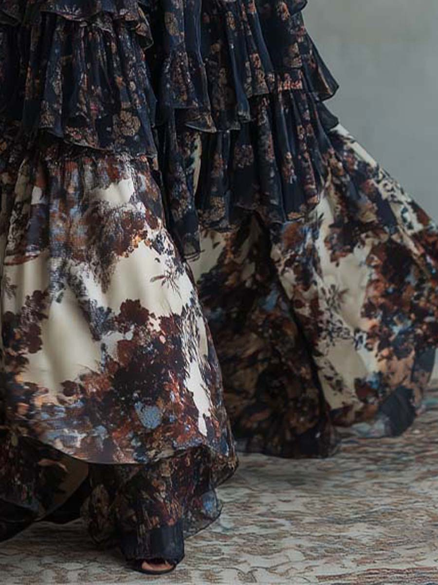 Navy Zippered Velvet and Chiffon Floral Print Maxi Dress