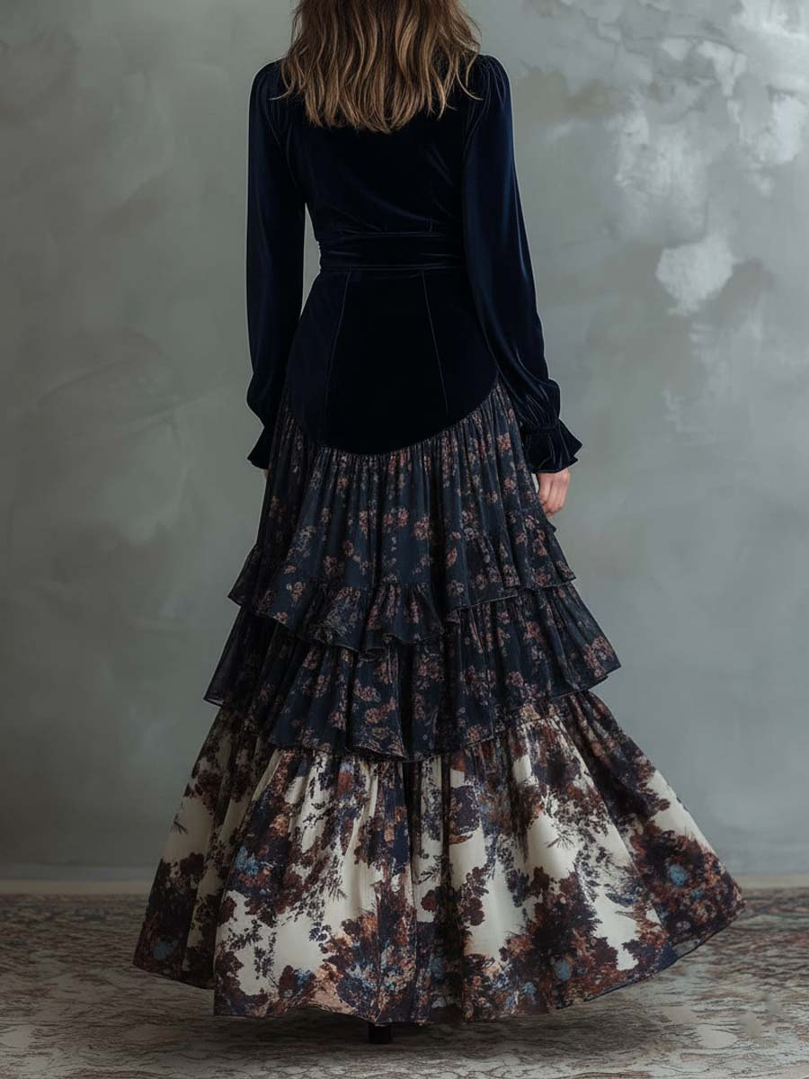 Navy Zippered Velvet and Chiffon Floral Print Maxi Dress