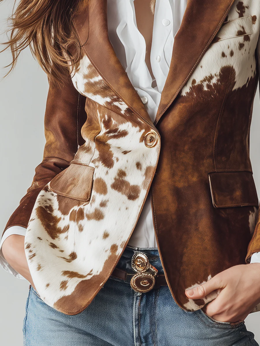 Retro Brown Cow Print Suit Jacket