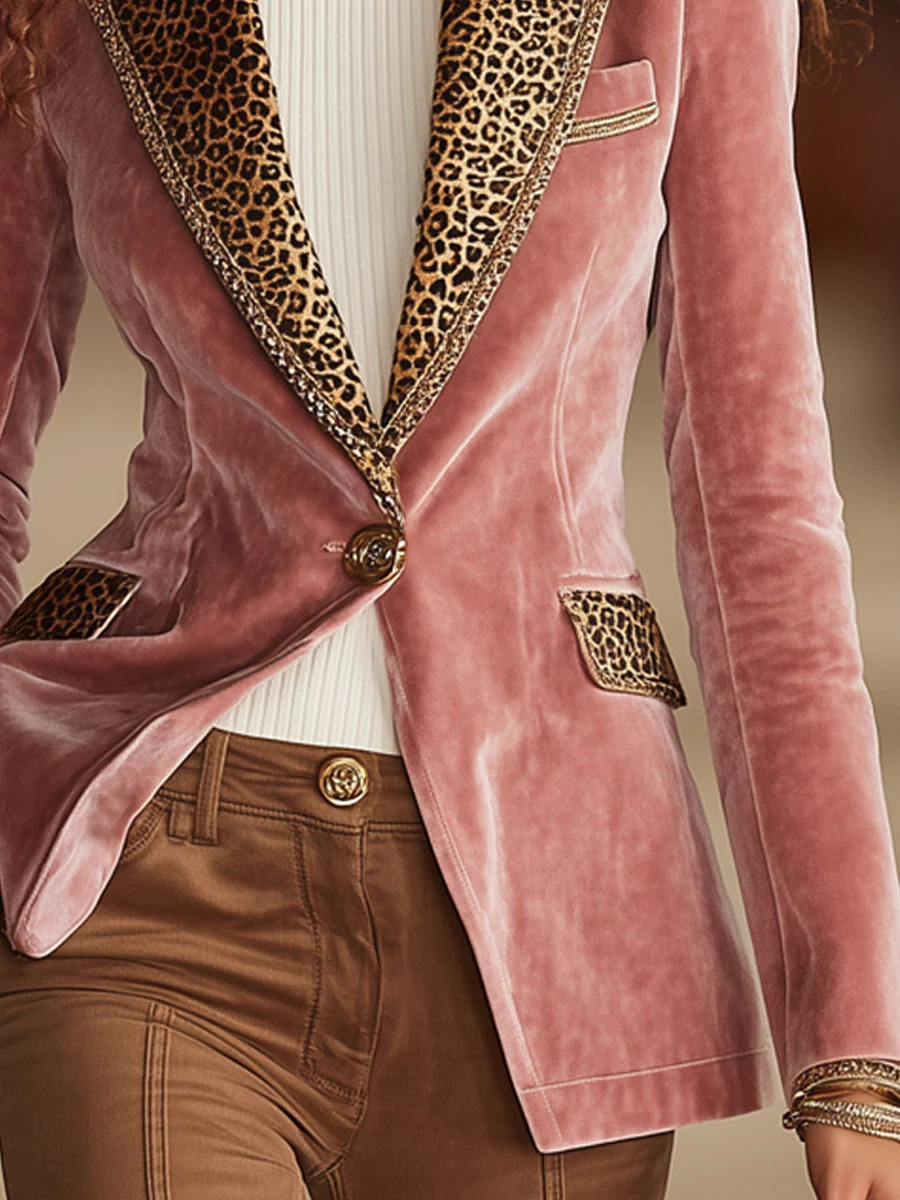 Pink Velvet Leopard Print Single-button Suit Jacket