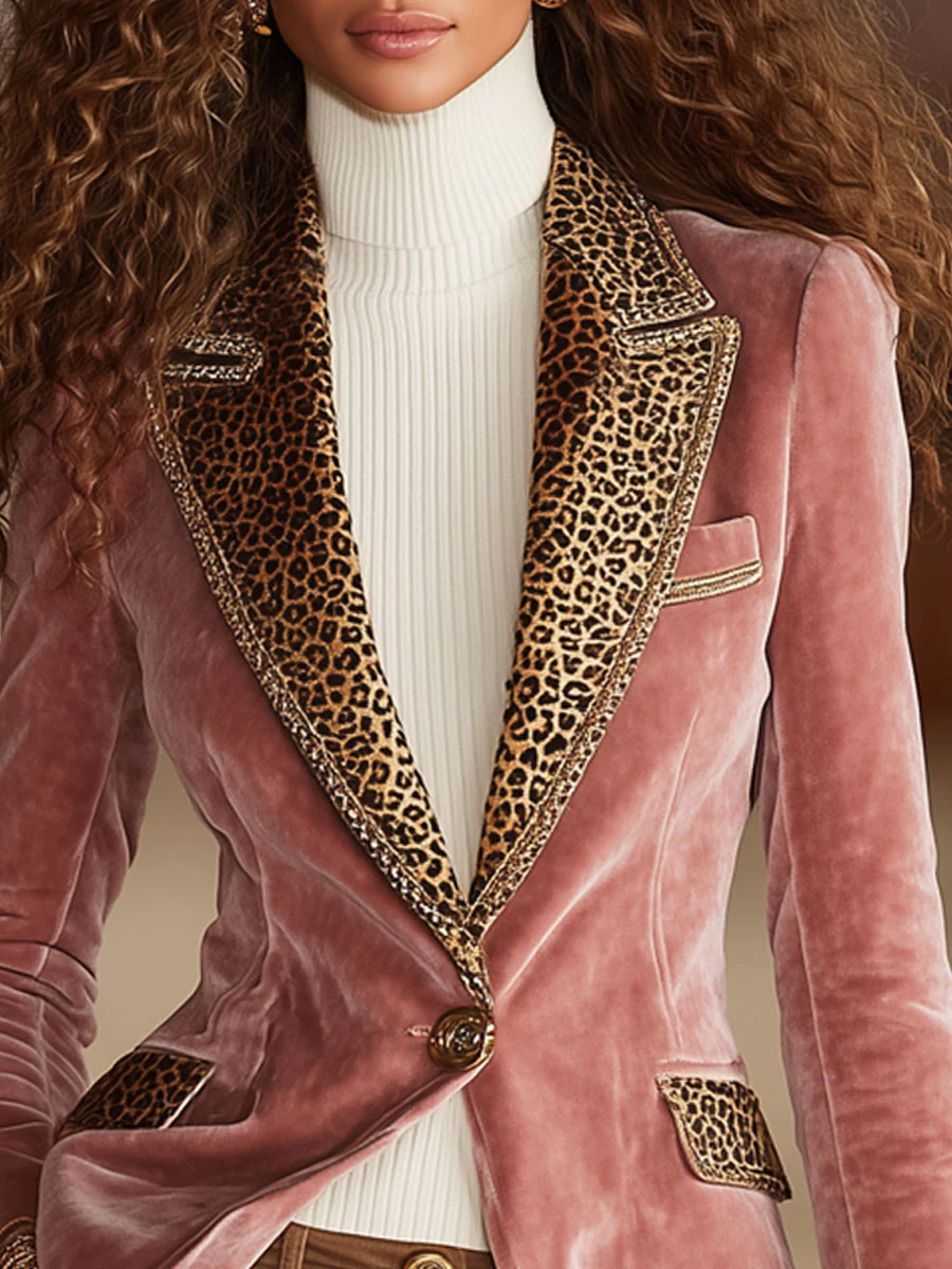 Pink Velvet Leopard Print Single-button Suit Jacket