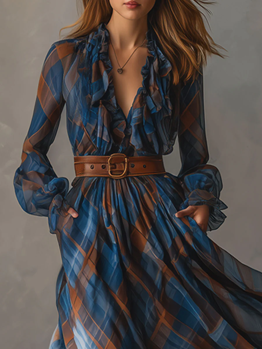 Blue-brown V-neck Ruffled Plaid Chiffon Maxi Dress