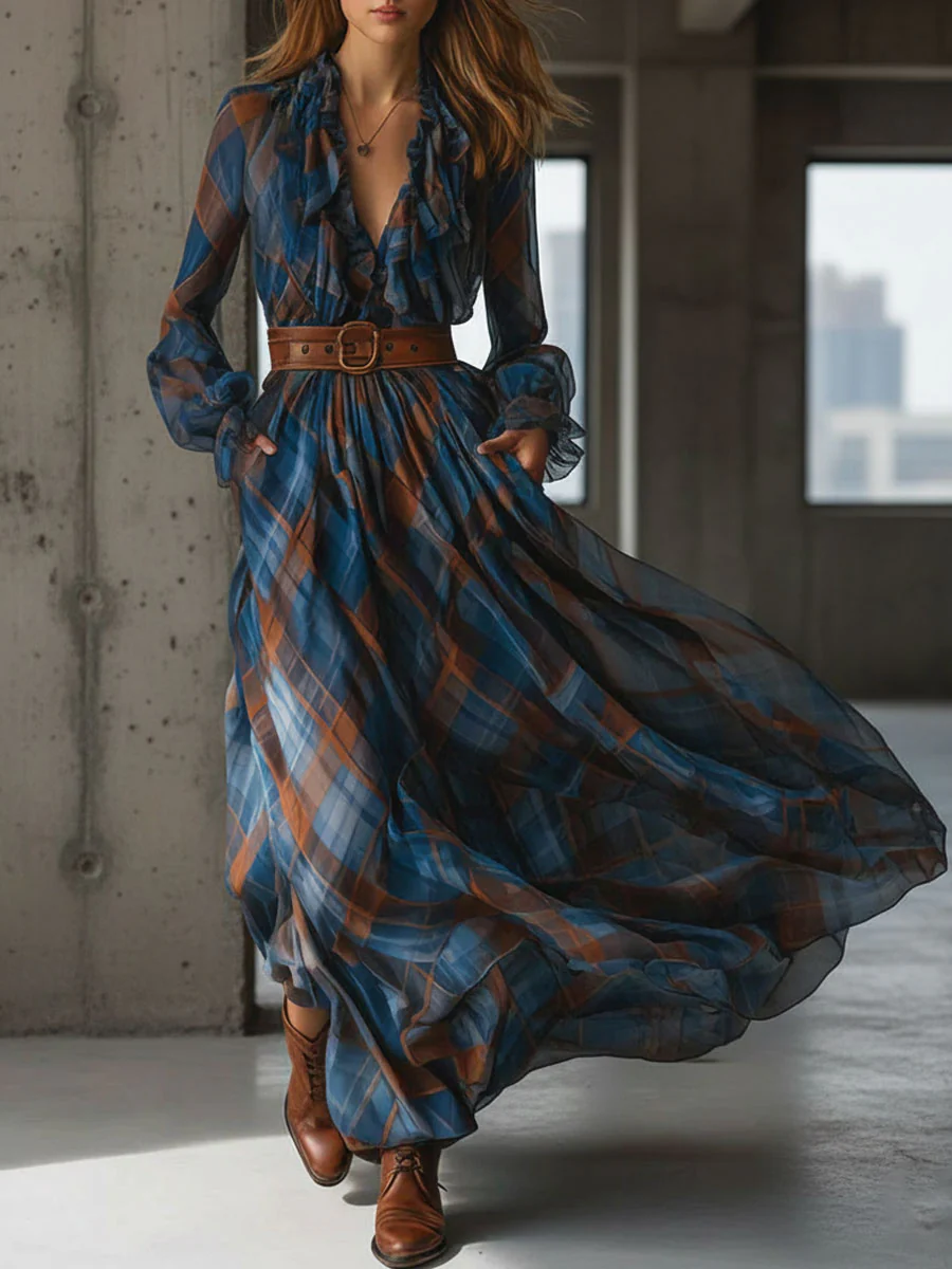 Blue-brown V-neck Ruffled Plaid Chiffon Maxi Dress