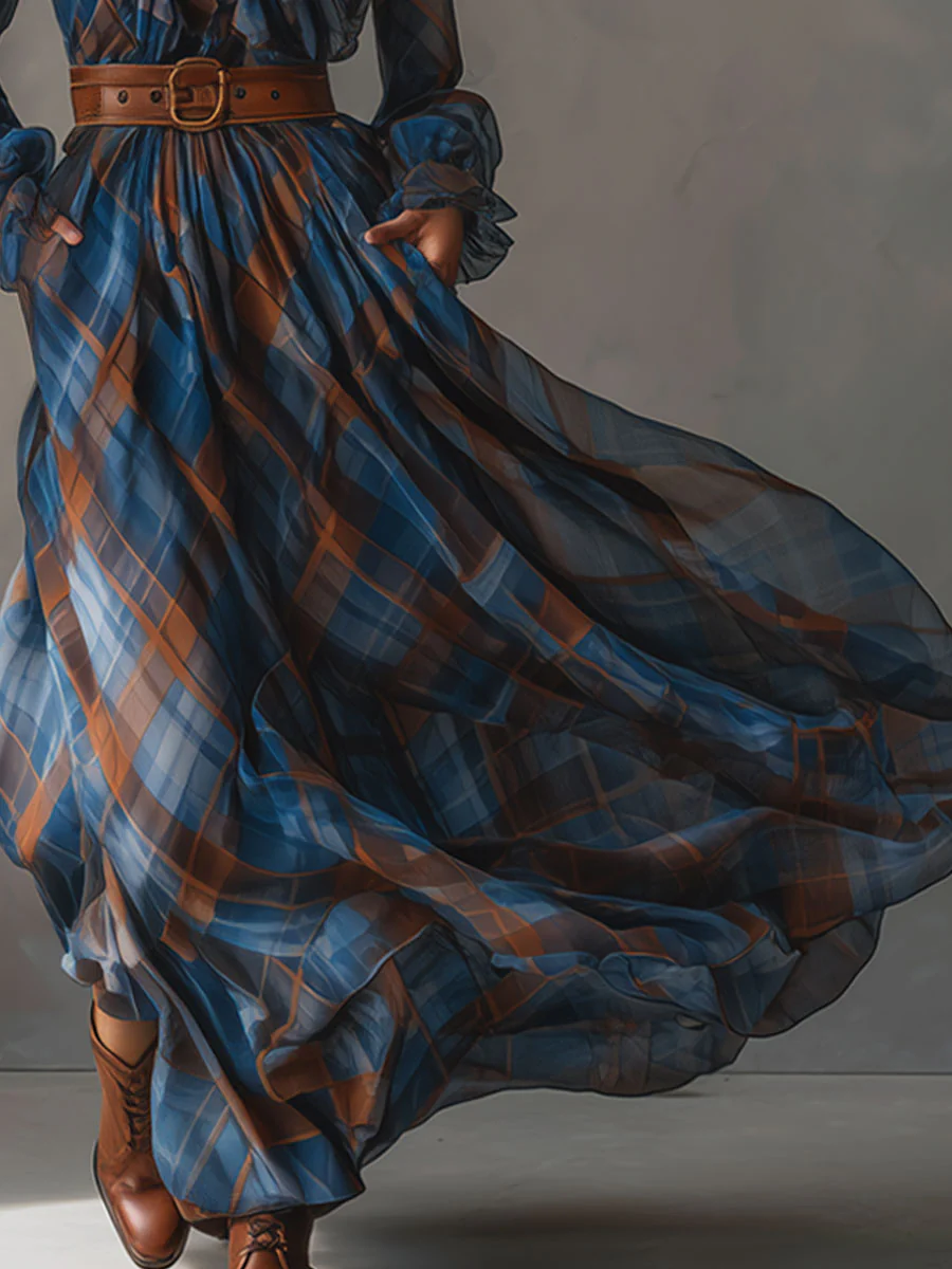 Blue-brown V-neck Ruffled Plaid Chiffon Maxi Dress