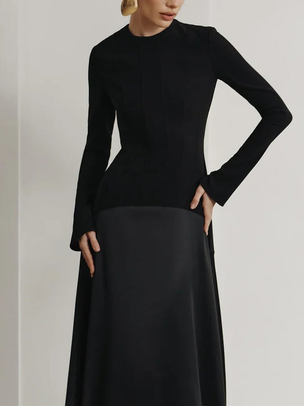 Elegant Dark Brown Satin Patchwork Maxi Dress