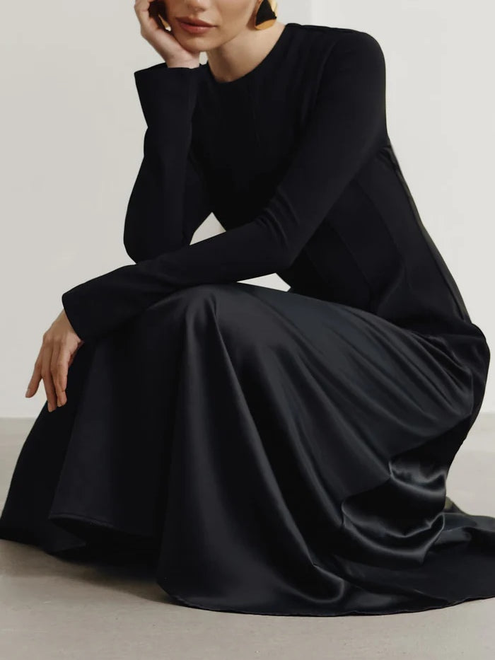 Elegant Dark Brown Satin Patchwork Maxi Dress