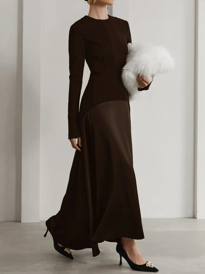 Elegant Dark Brown Satin Patchwork Maxi Dress
