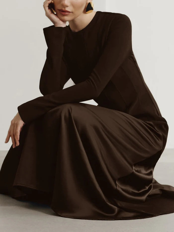 Elegant Dark Brown Satin Patchwork Maxi Dress