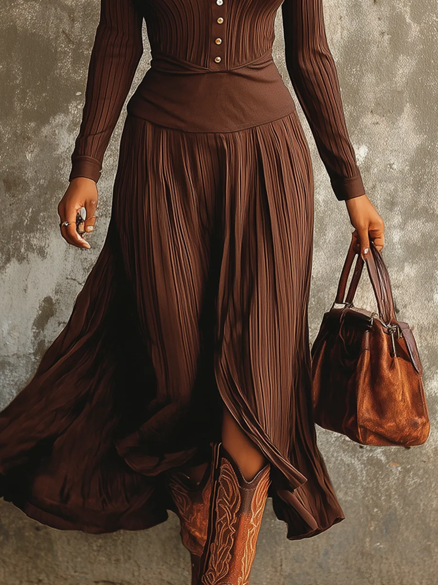Vintage Brown Flap Pocket Pleated Midi Dress