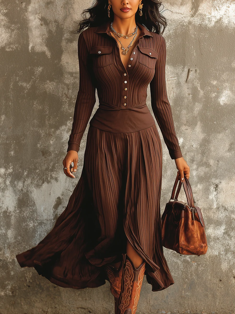 Vintage Brown Flap Pocket Pleated Midi Dress