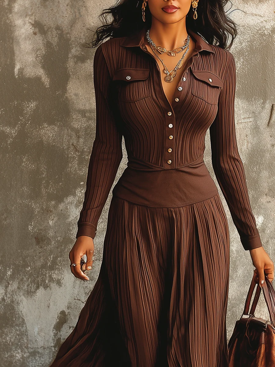 Vintage Brown Flap Pocket Pleated Midi Dress