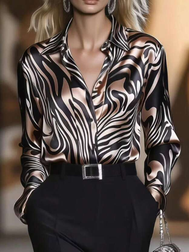 Elegant Satin Collar Zebra Print Shirt