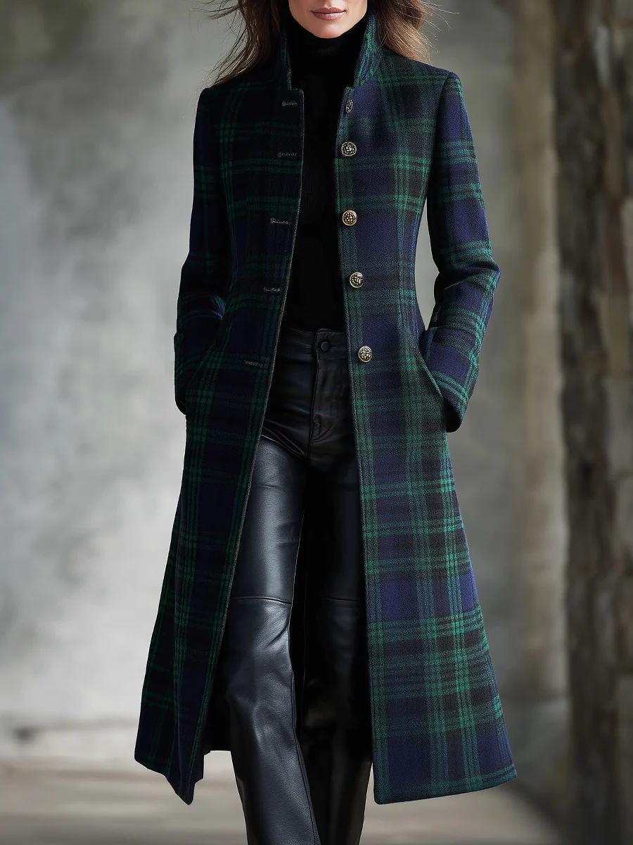 Retro Blue-green Color-blocked Plaid Midi Coat