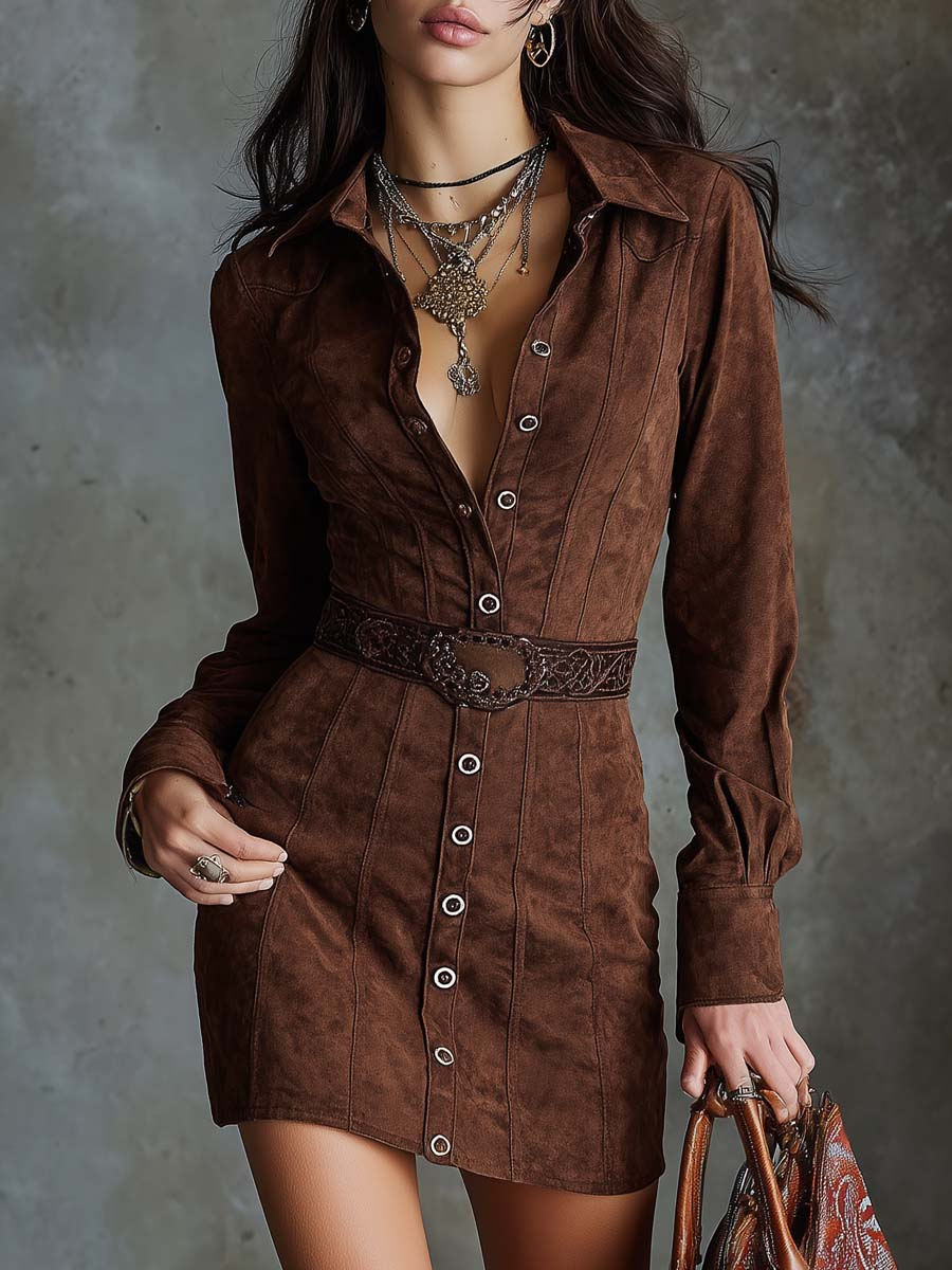 Vintage Brown Lapel Button-down Faux Suede Mini Dress (with belt)