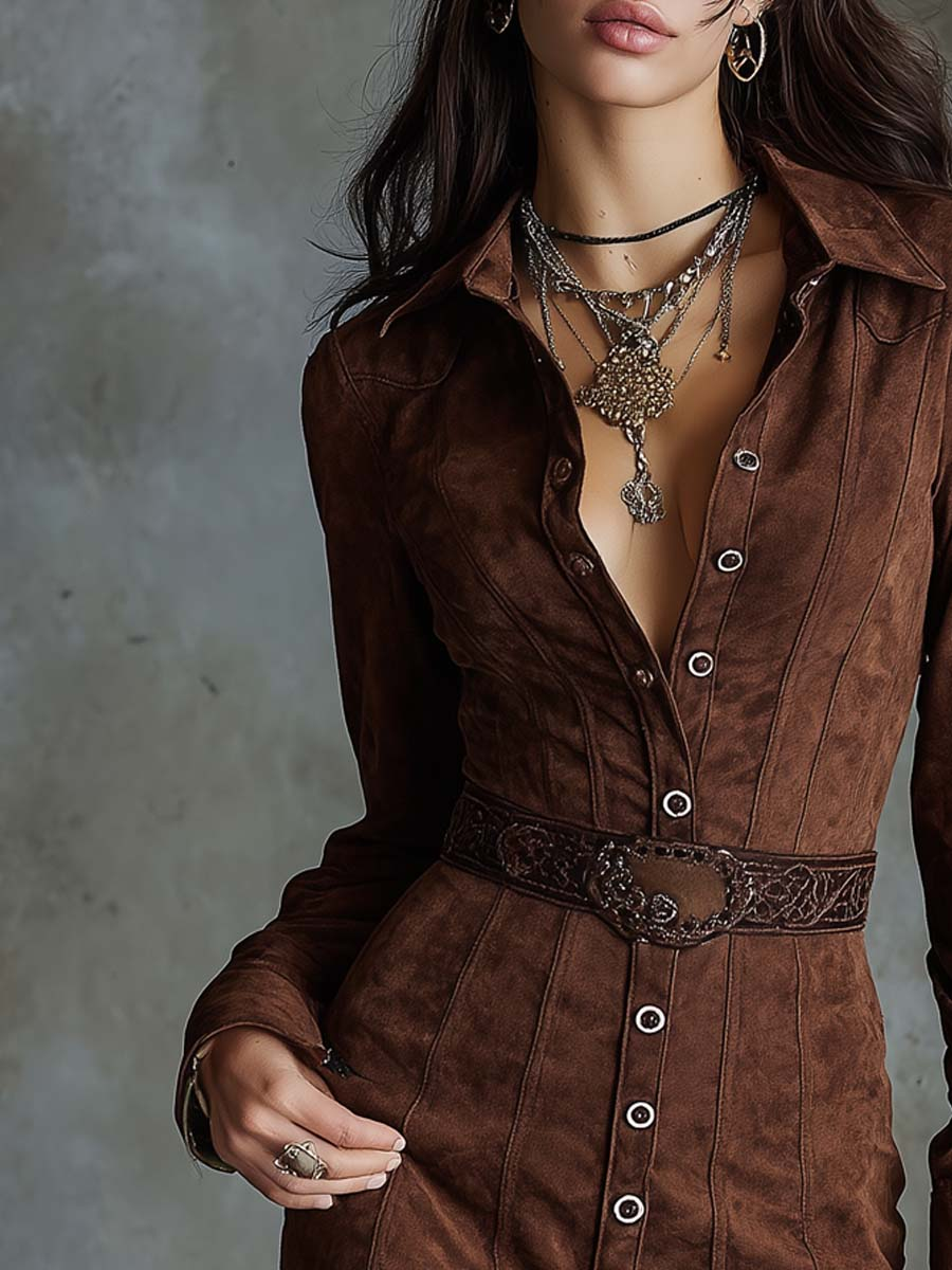 Vintage Brown Lapel Button-down Faux Suede Mini Dress (with belt)