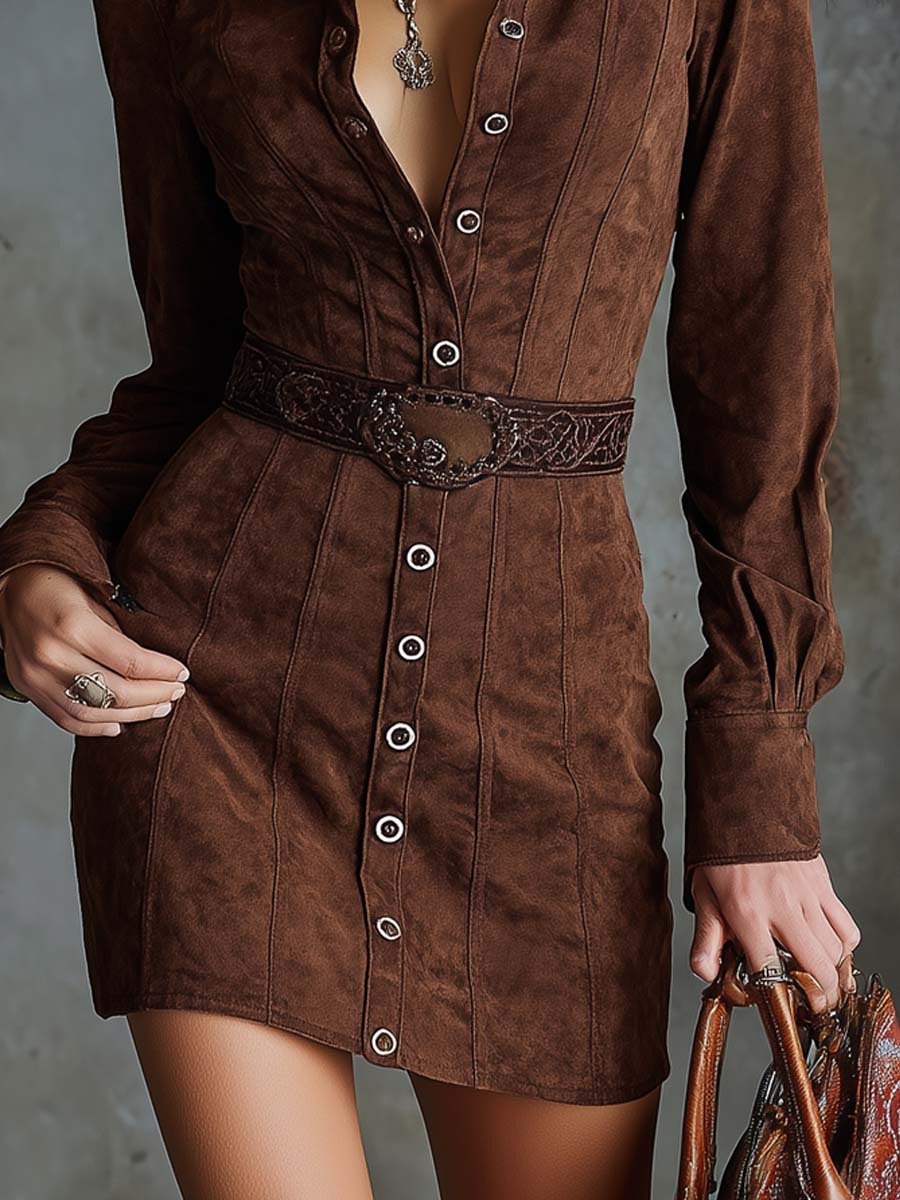 Vintage Brown Lapel Button-down Faux Suede Mini Dress (with belt)