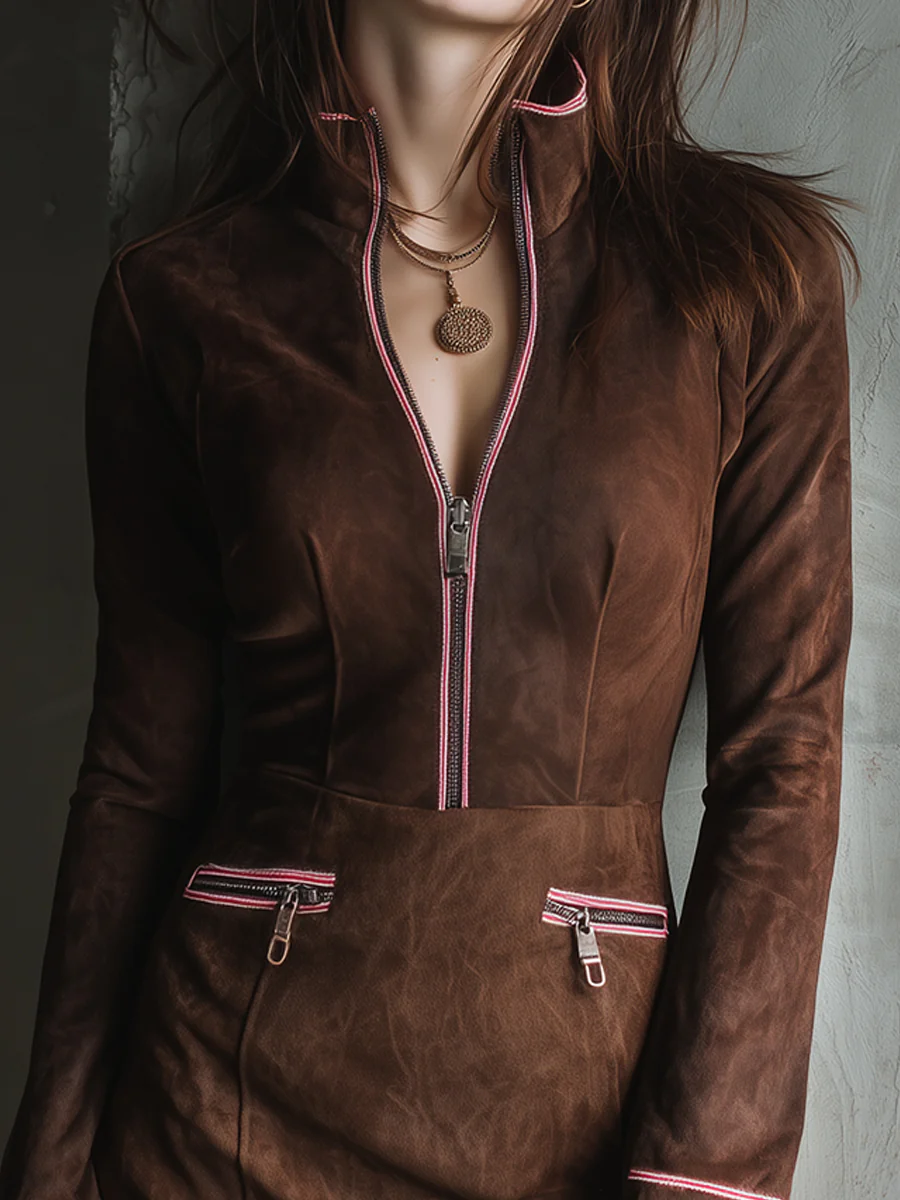 Color-blocked Faux Suede Half-zip Mini Dress