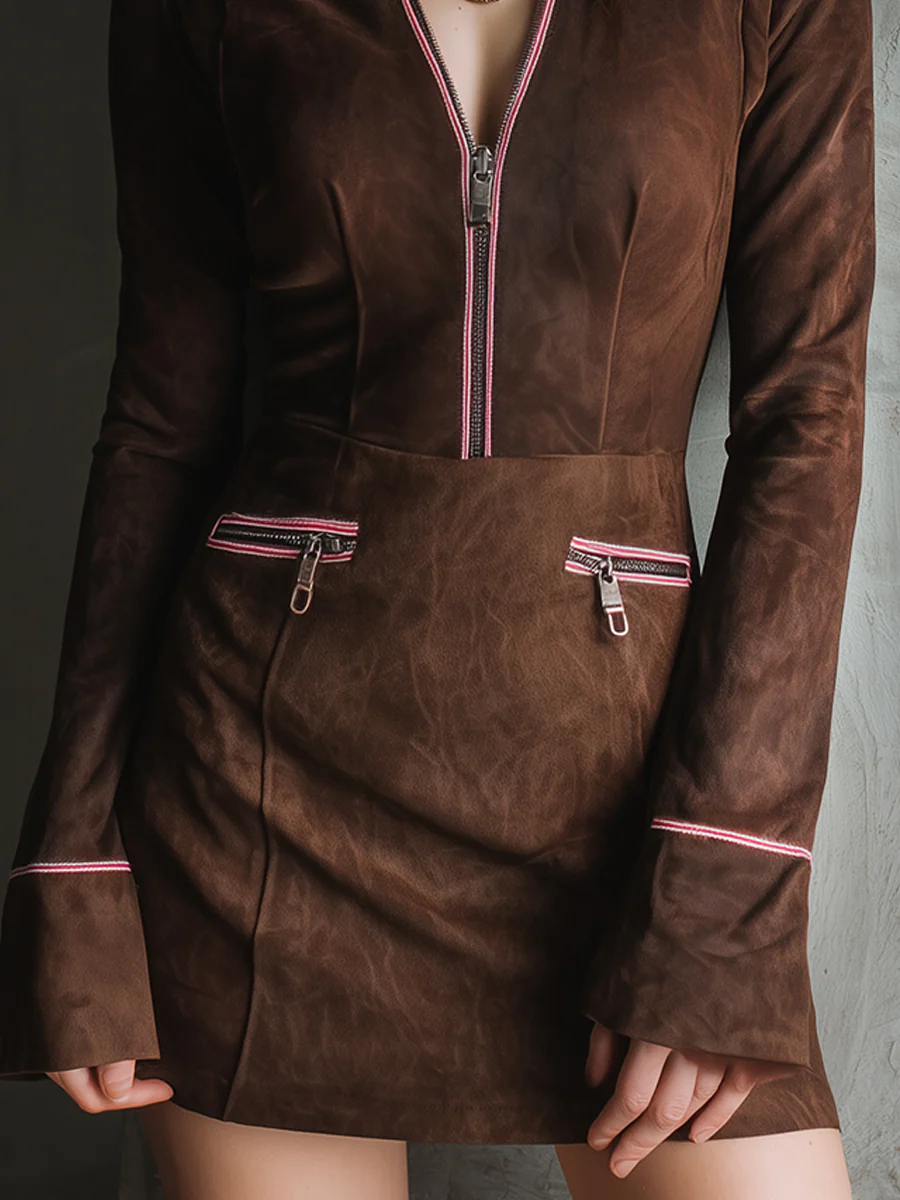 Color-blocked Faux Suede Half-zip Mini Dress