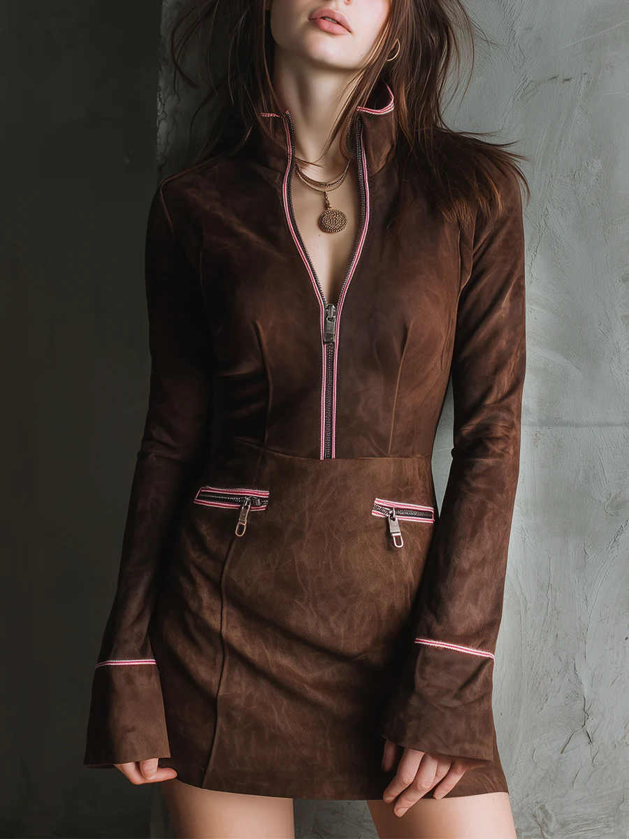 Color-blocked Faux Suede Half-zip Mini Dress