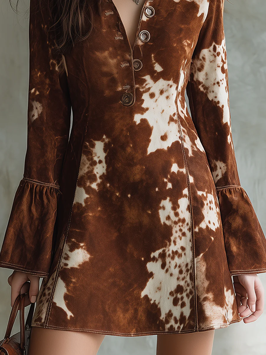 Cow Print Button Faux Suede Retro Mini Dress